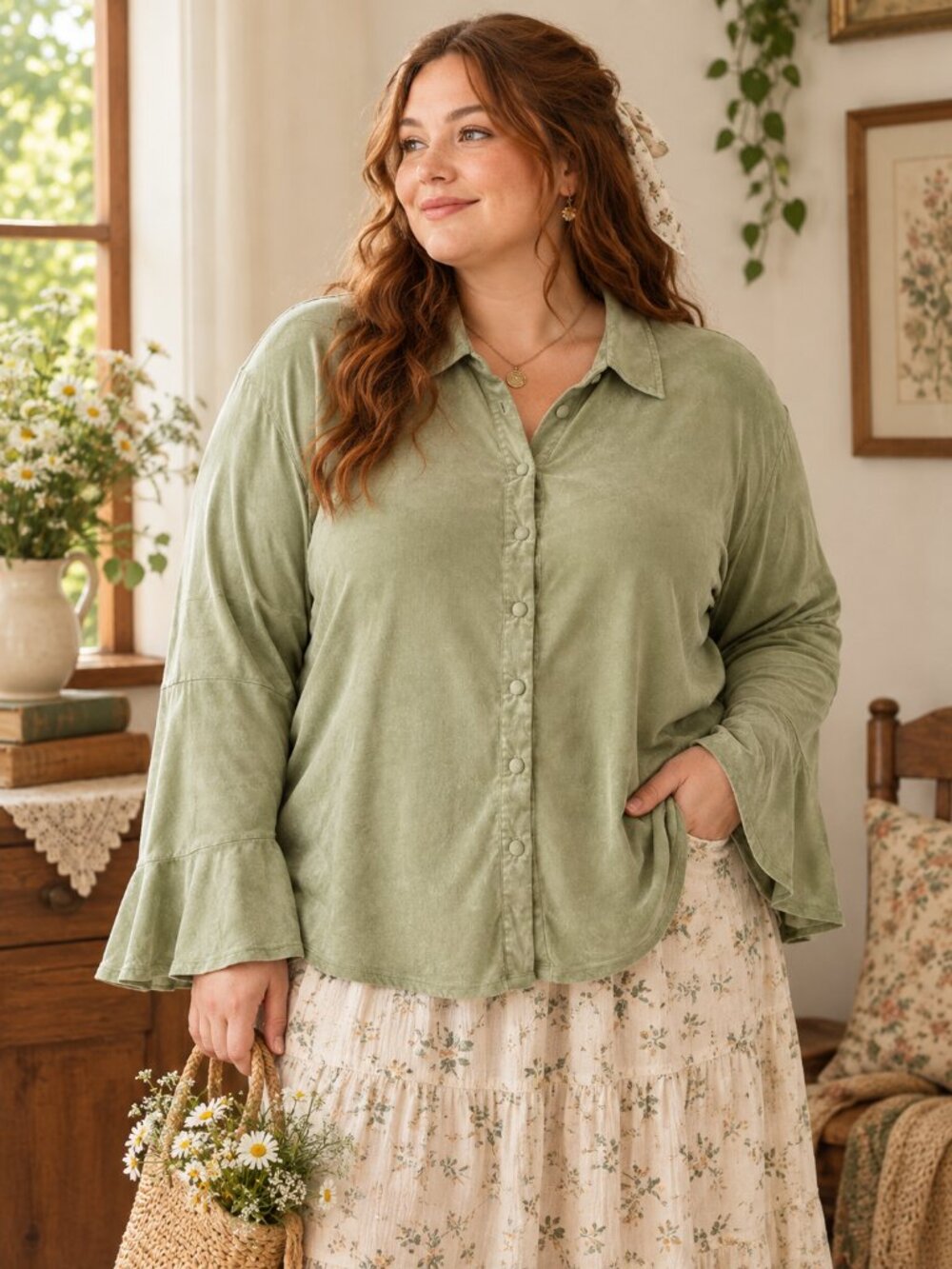 Cider Women's Sage Green Button Front Collared Knit Top Long Sleeve 3XL